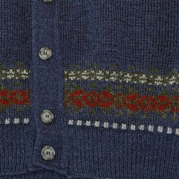 Vintage 90s John Ashford Italian Knit Cardigan Sweater Women’s L Blue Fair Isle - Picture 2 of 8